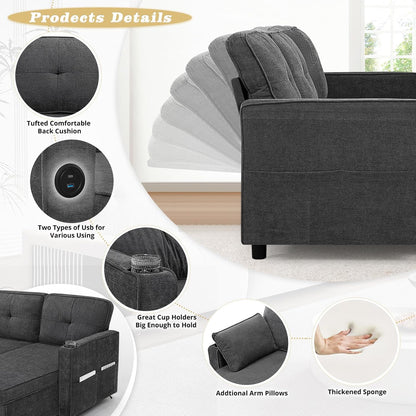 84 Inches Fabric Sectional Sofa w/Pull Out Sofa Bed & Adjustable Back, Tufted L Shaped Couch w/Storage Chaise, Sleeper Sectional Sofa w/USB Port & Cup Holders for Living Room, Grey