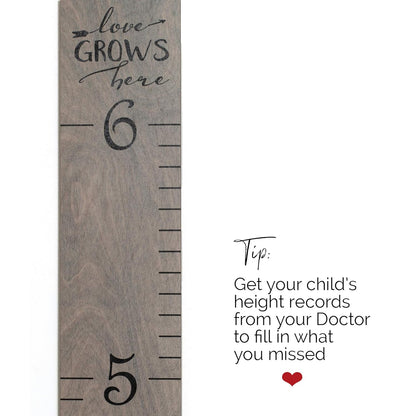 Wooden Growth Chart for Wall - Height Growth Chart for Kids, Kid Height Wall Chart, Height Measurement for Wall, Height Chart for Kids - Love Grows Here, Skinny Grey (63""x5.75"")