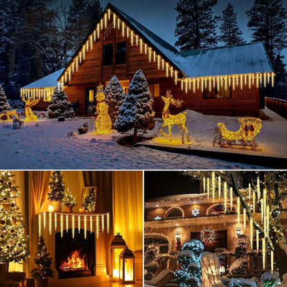 Brightown Christmas Meteor Shower Icicle Lights Outdoor, 30ft with 30 Tube 720 LED Dropping Effect, Waterproof Decorations for House Eave Roofline, Warm White