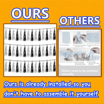 3P Black Silver Foil Fringe Metallic Tassel Streamers Banner Tassel Garland for Parade Floats, Graduation, Wedding, Birthday, Halloween, Christmas, Bridal/Baby Shower Party Decorations