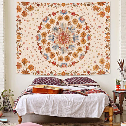 Fowocu Boho Floral Mandala Tapestry Wall Hanging Watercolor Bohemian Flower Medallion Tapestry Aesthetic Beige Orange Hippie Indian Small Tapestries for Bedroom Living Room Dorm Decor 48 x 36 Inch