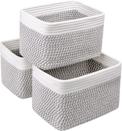 Small Cotton Rope Storage Basket Set of 3-11"x7"x7" Perfect Woven Baskets for Storage, Ideal Storage Baskets for Organizing Toys, Towels, and More - Baskets for Shelves（White & Mixed Grey）