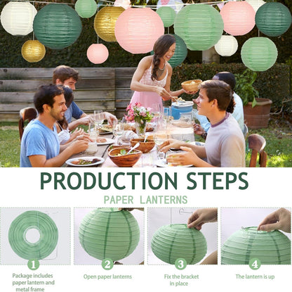 ADLKGG Paper Lanterns Decorative, Round Hanging Paper Lanterns Decorations for Graduation Bridal Shower Wedding Birthday Neutral Baby Shower Decorations Home Decor Sage Green/Pink/Gold 21pcs
