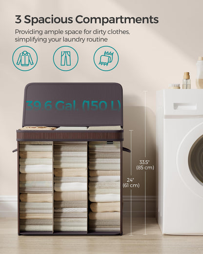 SONGMICS Laundry Hamper with Lid, Bamboo Laundry Basket, Removable Machine Washable Laundry Basket
