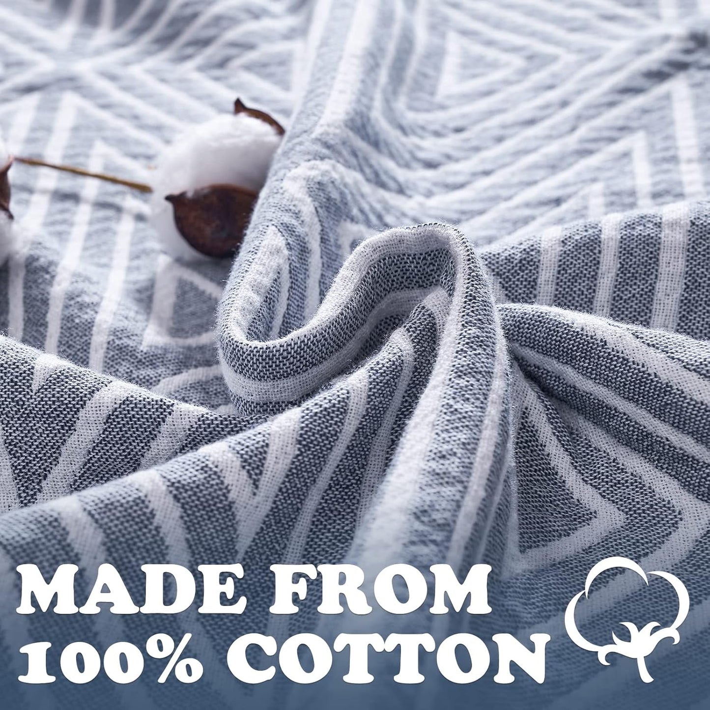 jinchan Boho 100% Cotton Blanket Muslin 50x60 Inches Lightweight 3-Layer Geometric Triangle Striped Pattern Reversible Quilt Throw Soft Breathable Comfy All Seasons for Couch Bed Decor, Blue