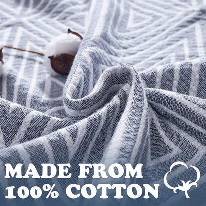 jinchan Boho 100% Cotton Blanket Muslin 50x60 Inches Lightweight 3-Layer Geometric Triangle Striped Pattern Reversible Quilt Throw Soft Breathable Comfy All Seasons for Couch Bed Decor, Blue