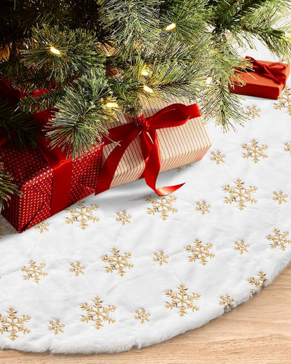 COOLWUFAN 72 Inches Christmas Tree Skirt for Xmas Tree Holiday Party Decoration White Plush Gold Sequin Snowflake (Gold)