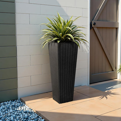 JUMMICO Set of 2 Resin Rattan Tall Planters for Outdoor Plants, Large Tapered Planters with Drainage Holes&Inner Trays, Flower Pots for Garden, Patio, Porch, Backyard (Black, 32'')