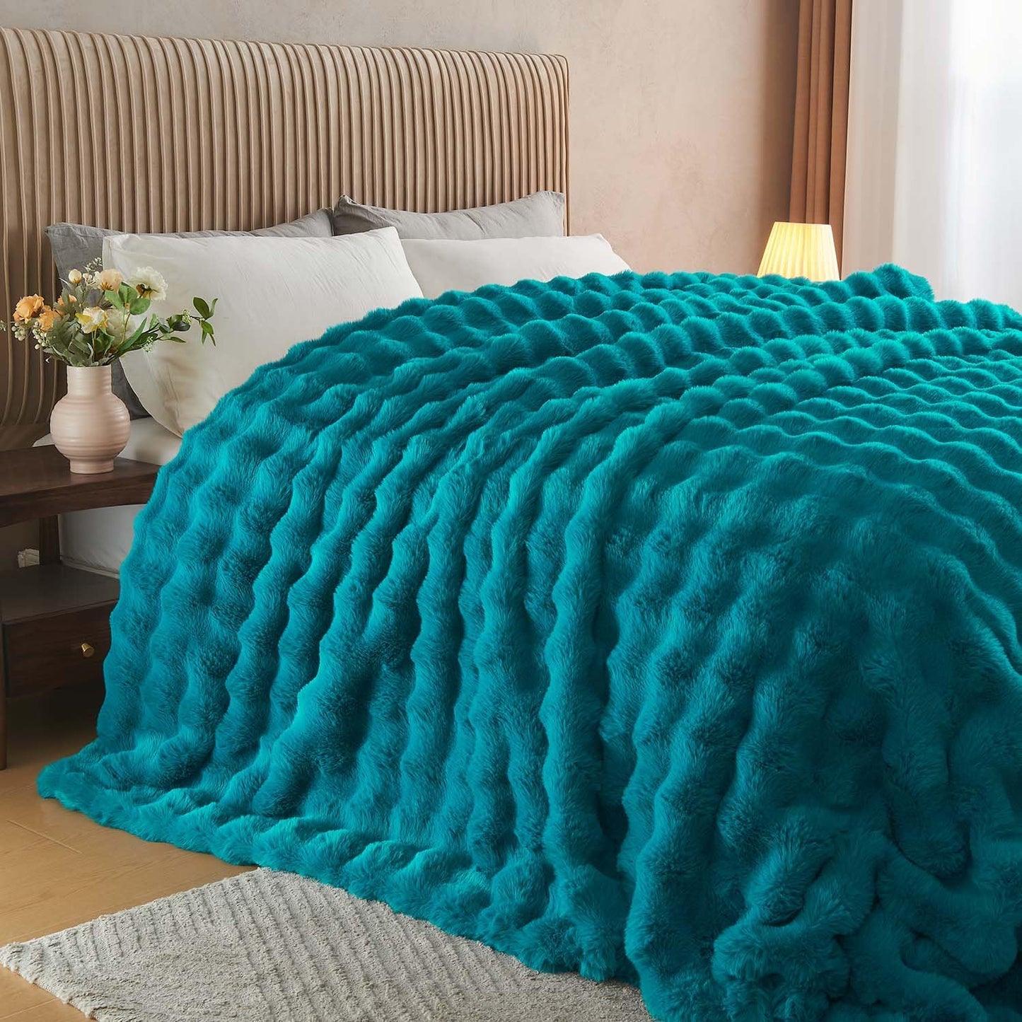 Lotus Karen Faux Fur Throw Blanket Teal - Big Bubble Rabbit Fluff Blanket for Couch Bed Sofa,Softest Fluffy Fuzzy Cozy Blanket,Thick Furry Plush Shaggy Warm Blankets for Women,108x90 Inches