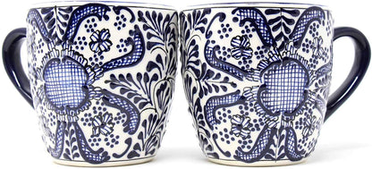 Encantada Handmade Hand-Painted Authentic Mexican Pottery Mugs (Cobalt Blue Flower X2)