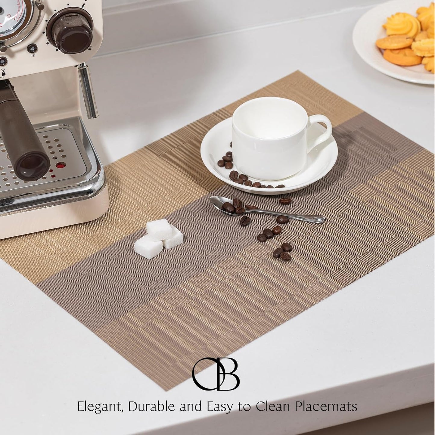 Placemats Set of 6 - Easy Clean Woven Vinyl Placemats for Dining Table, Indoor/Outdoor Place Mats, Washable PVC Table Mats （Gold Dune）