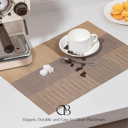 Placemats Set of 12 - Easy Clean Woven Vinyl Placemats for Dining Table, Indoor/Outdoor Place Mats, Washable PVC Table Mats （Gold Dune）