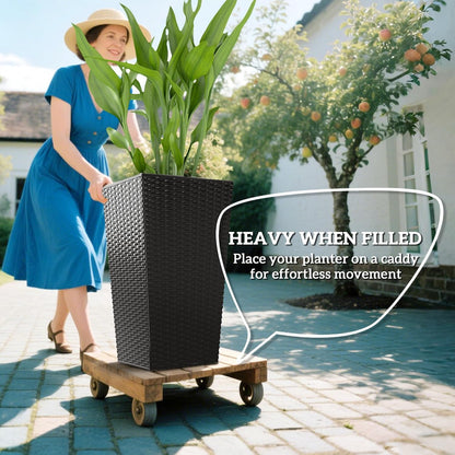 Outsunny Tall Planters for Outdoor Plants Set of 3, 24 in Taper Planters with Drainage Holes, Rattan Decor Plant Pots for Indoor Outdoor Front Porch Patio Backyard, Black