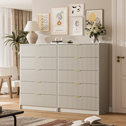 5 Drawer Dresser for Bedroom, Tall Dresser Chest of Drawers with Gold Handles, 32 Inch Wide Nightstand with for Bedroom, Living Rooms, Offices, and Entryways, Beige