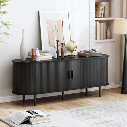 55" TV Stand with Power Outlet, Modern Media Console with Sliding Doors, Entertainment Center for TVs up to 60 Inch, Adjustable Shelves, Black