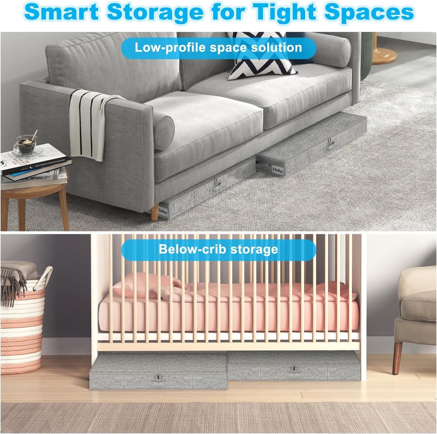 Under Bed Storage Container Bins 2 Pack, 5 Inch Thin Low Profile Underbed Clothes Storage Organizer for Dorm & Home, Use for Blanket and Toy Storage Box W/ Sturdy Bottom/Sides, Foldable Thick Fabric