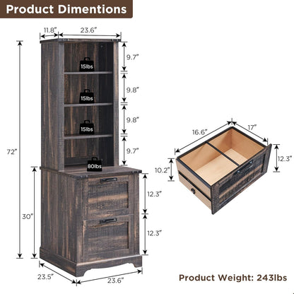 RedLemon Bookcase with 2 File Drawers, 72" Tall Farmhouse Bookshelf with Storage and Adjustable Shelves, 4 Tier Rustic Wood Bookshelf with Cabinet for Home Office, Living Room (Dark Rustic Oak)