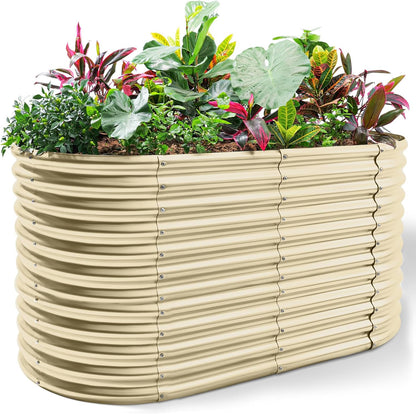 Land Guard 8x4x3ft Oval Galvanized Raised Garden Beds, Large-Capacity Metal Planter Box Outdoor, Durable Deep Raised Garden Bed 3ft Tall, Raised Beds for Gardening Vegetables, Cream Yellow