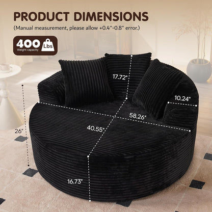 ovios 58" Oversized Round Chair Lounge Chaise Indoor, No Assembly Required, Cloud Large Circle Chair with Plush Fuax Fur, Fluffy Modern Sleeper Sofa Bed for Reading Yoga, Black (Plush Corduroy Fabric)