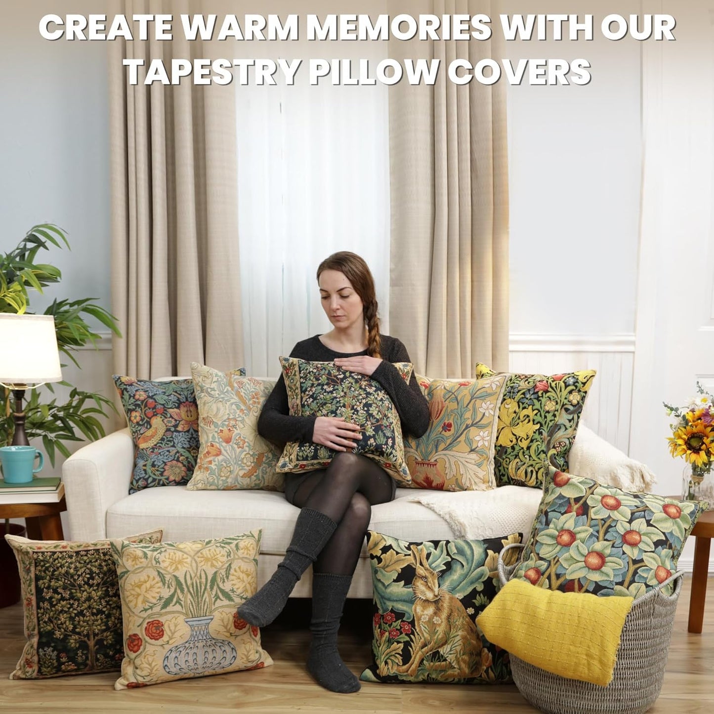 Charlotte Home Furnishings Throw Pillow Covers, Decorative Boho Pillow Covers for Couch, Living Room, Brown Hare Square Cushion Cases 18x18 in, European Cotton Jacquard Woven for Cozy Bedroom Decor