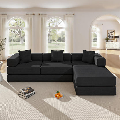 108" Oversized Convertible Sleeper Sofa Bed, Corduroy L Shape Sectional Couch, Folding Sofa Bed with Side Pocket, Modern Cloud Floor Mattress Couch, Modular Sofa for Living Room, Black