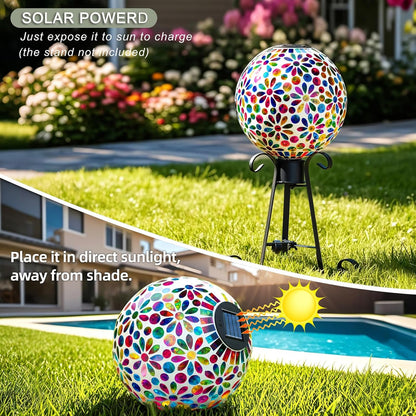 VOREEN 10" Mosaic Glass Gazing Ball with Solar Light, Outdoor Solar Gazing Globe, Handmade IP44 Waterproof Garden Decor Sphere for Patio Yard, Ideal Gift for Mom Wife Friend, Colorful Daisy Design