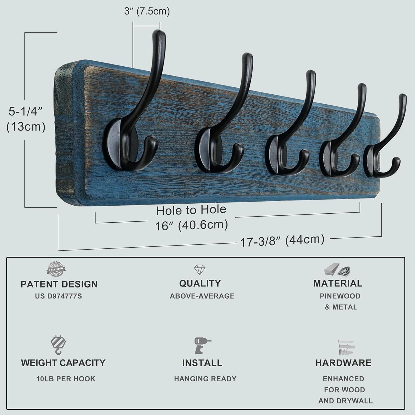 Dseap Coat Rack Wall: Patented, Heavy-Duty, 5-Double-Hooks Wooden Wall Mounted Coat Rack Coat Hanger Hook Rail for Winter Coats Hat Jacket Clothing, Weathered Blue