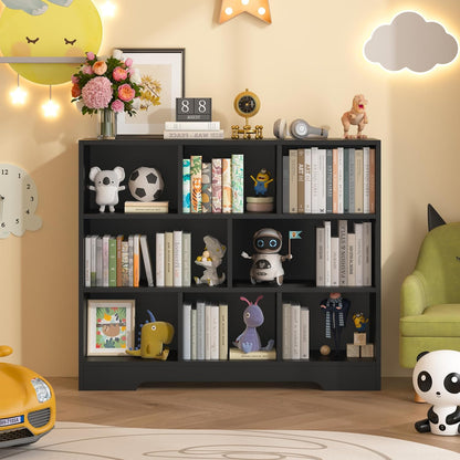 Book Shelf, 8 Cubes Storage Organizer, 3-Tier Open Shelf Wooden Bookcase, Freestanding Black Bookshelf Cube Shelf for Bedroom, Living Room, Home Office