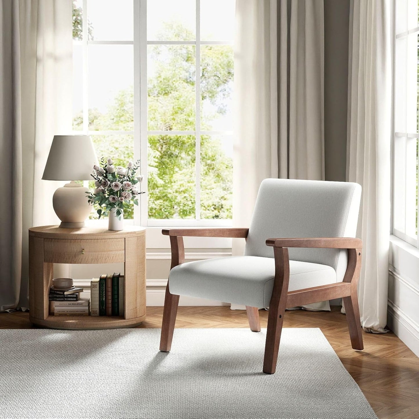 Beige Accent Chair Mid Century Modern Armchair Wood Sitting Chair Linen Fabric Upholstered Side Chair Comfortable Chair for Living Room Bedroom Cream