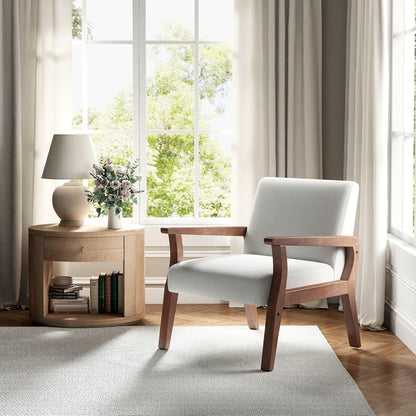 Beige Accent Chair Mid Century Modern Armchair Wood Sitting Chair Linen Fabric Upholstered Side Chair Comfortable Chair for Living Room Bedroom Cream