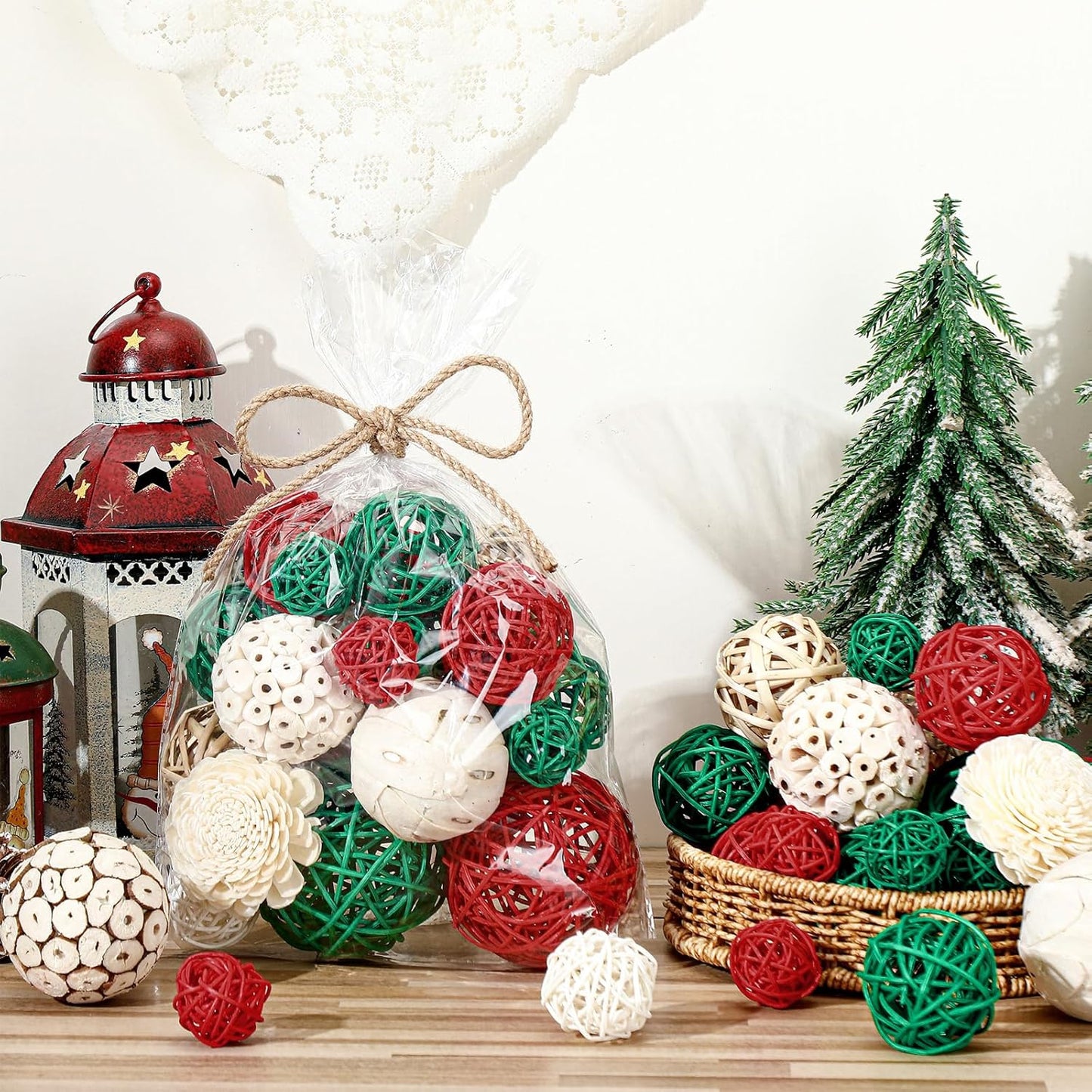 Riceshoot 2 Pack Decorative Balls Potpourri Bowl Filler Decor Natural Vase Bowl Filler Assorted Spherical Rattan Twigs Wicker Balls Cotton for Home Centerpiece(Red, Green, White)