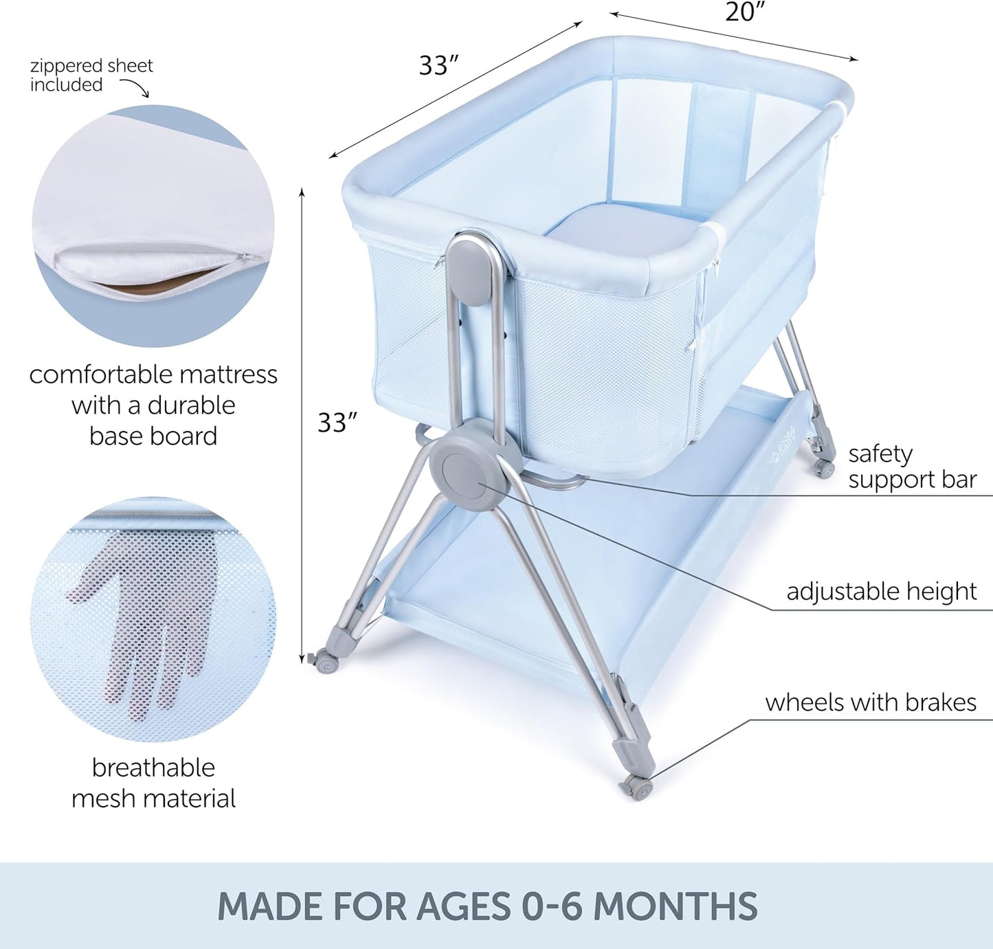 Baby Bedside Sleeper - Bassinet & Bedside Crib with Height Adjustment & Wheels - Can Be Placed Next to Bed - Attaches to Parents Bed - Easy to Fold & Carry Bassinet for Boys (Blue)