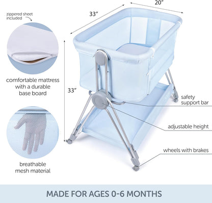 Baby Bedside Sleeper - Bassinet & Bedside Crib with Height Adjustment & Wheels - Can Be Placed Next to Bed - Attaches to Parents Bed - Easy to Fold & Carry Bassinet for Boys (Blue)