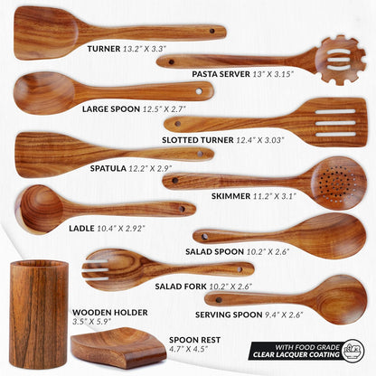 Zulay Kitchen 12-Piece Teak Wooden Utensils for Cooking - Natural Teak Utensil Set with Premium Gift Box - Non-Stick Wooden Spoons for Cooking - Kitchen Gift Set - Comfortable Grip Wooden Utensil Set