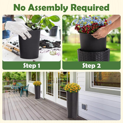 IDZO All Weather Wicker Planters for Outdoor Plants Set of 2, 24 inch Tall Black Planter for Front Porch, Patio, Balcony, Indoor Usage - Round Rattan Flower Pots