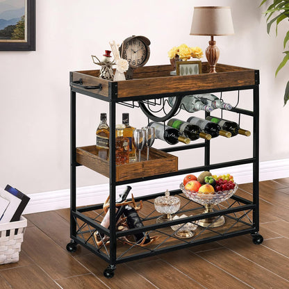 Vintage Bar Cart with Removable Tray and Wheels, Mobile Home Bar Serving Cart with Wine Rack, Glass Holder and Storage Shelves, 3-Tier Rolling Beverage Cart for Home or Patio