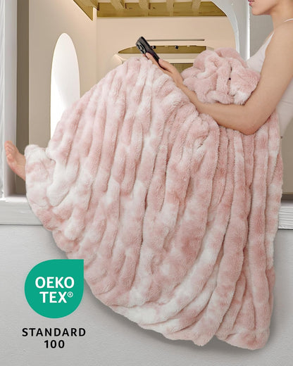 Faux Fur Blanket, Throw Blanket for Couch, Fluffy Blanket with Stretch Ruched Design, Ultra Soft Giftable Home Decor, 50x60 inches, Tie-Dyed in Pink