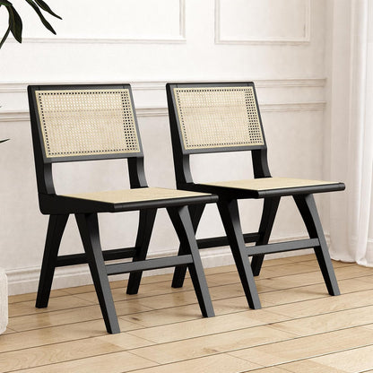 Accent Chair Dining Chairs Set of 2, Solid Wood Frame Boho Rattan Chair, Mid Century Modern Accent Chairs for Living Room Bedroom Dining Room Kitchen(Black)