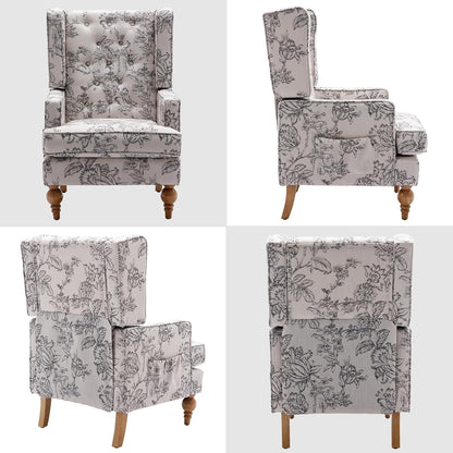 DUOMAY Tufted Accent Chair Set of 2, Modern Linen Upholstered Wingback Side Arm Chair for Living Room Bedroom with Wood Legs, Comfy Reading Guest Chair for Office, Beige Flower Pattern