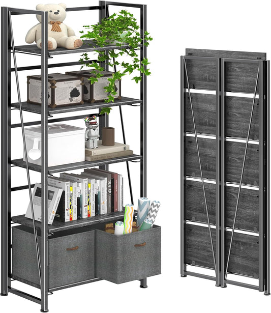 4NM No Assembly Foldable Bookshelf, 5-Shelf Collapsible Bookcase Storage for Small Spaces, 62.2" H, Gray and Black