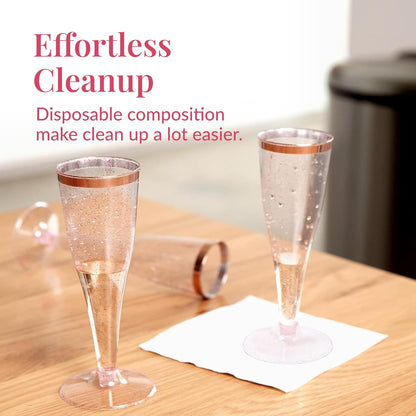 Prestee Set of 24 Plastic Champagne Flutes Disposable - Silver Glitter Pink Champagne Glasses with Rose Gold Rim, Elegant Toasting Cups for Weddings, Cocktail Parties, New Year's Celebrations