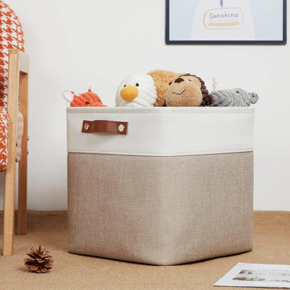 DULLEMELO Cube Storage Bins - 4 Pack Foldable Large Storage Baskets 12 inch Gifts Empty Fabric Bins for Home Office Cubes Organizer Closet, Shelves, Toy, Nursery (4 Pack - 12" White&Khaki)