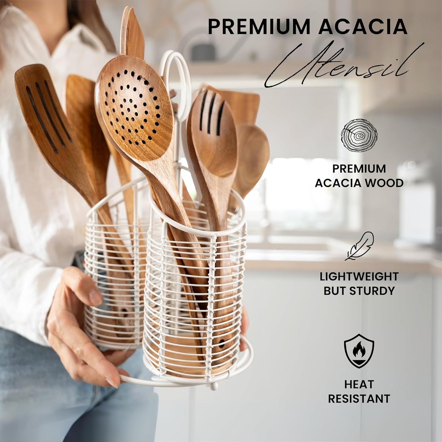 360° Rotating Kitchen Utensil Holder- 3 Compartment Organizer with Cork Bottom | Includes Premium 9-Piece Acacia Wood Utensil Set | Professional Luxury Design | Metal Utensil Crock (Matte white)