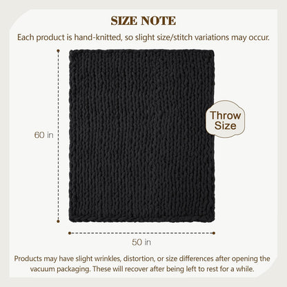Carriediosa Chunky Knit Throw Blanket 50" X 60", 100% Hand Made Large Chenille Loop Yarn Soft Fluffy Throws for Couch Sofa Bed, Big Crochet Cozy Heavy Thick Cable Woven Blankets, Black