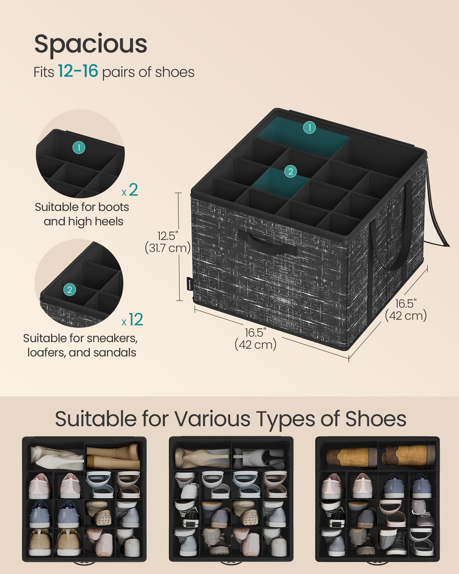 SONGMICS Shoe Organizer for Closet, Set of 2, Shoe Storage Box with Clear Lid, Foldable Fabric