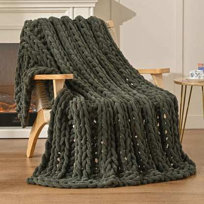 Esterra Chunky Knit Blanket Throw, 100% Handmade Chenille Throw Blanket 40"x50", Soft Thick Yarn Cable Knit Crochet Throw Blanket Rope Knot Throw for Couch Bed Sofa, Dusty Olive