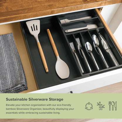 Premium Silverware, Flatware and Utensil Organizer for Kitchen Drawers, Food-Safe Contract Grade, Expandable from 10.5 to 19 In, Black Bamboo