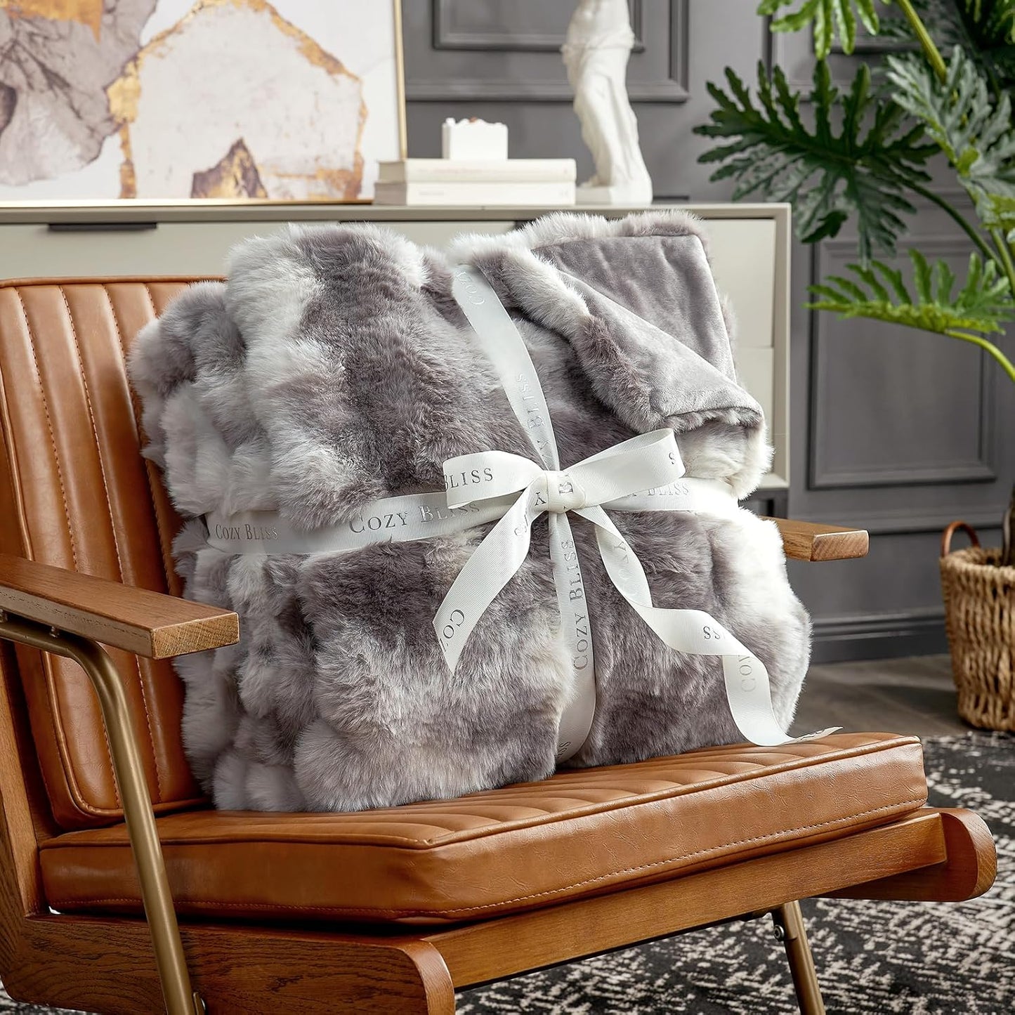 Cozy Bliss Faux Fur Throw Blanket for Couch, Fuzzy Soft Plush Thick Bubble Blanket for Sofa Bedroom Living Room, 90 * 90 Inches Tie Dye Taupe
