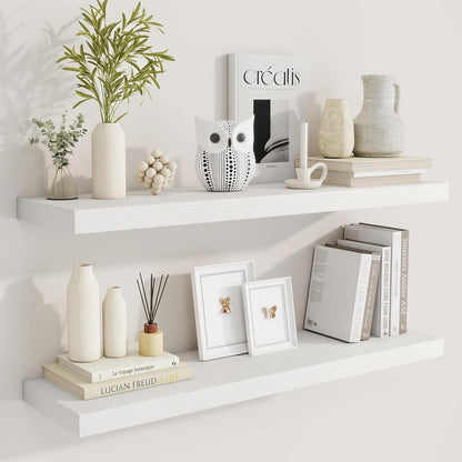 36 Inch Floating Shelves, 9.3 Inch Deep Rustic Wall Shelves - Extra Deeper Wall Mounted Storage Shelves for Bathroom, Kitchen, Living Room (White, Set of 2)