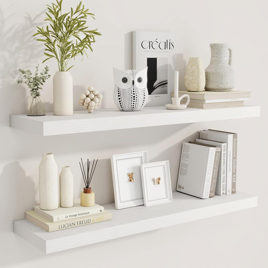 36 Inch Floating Shelves, 9.3 Inch Deep Rustic Wall Shelves - Extra Deeper Wall Mounted Storage Shelves for Bathroom, Kitchen, Living Room (White, Set of 2)